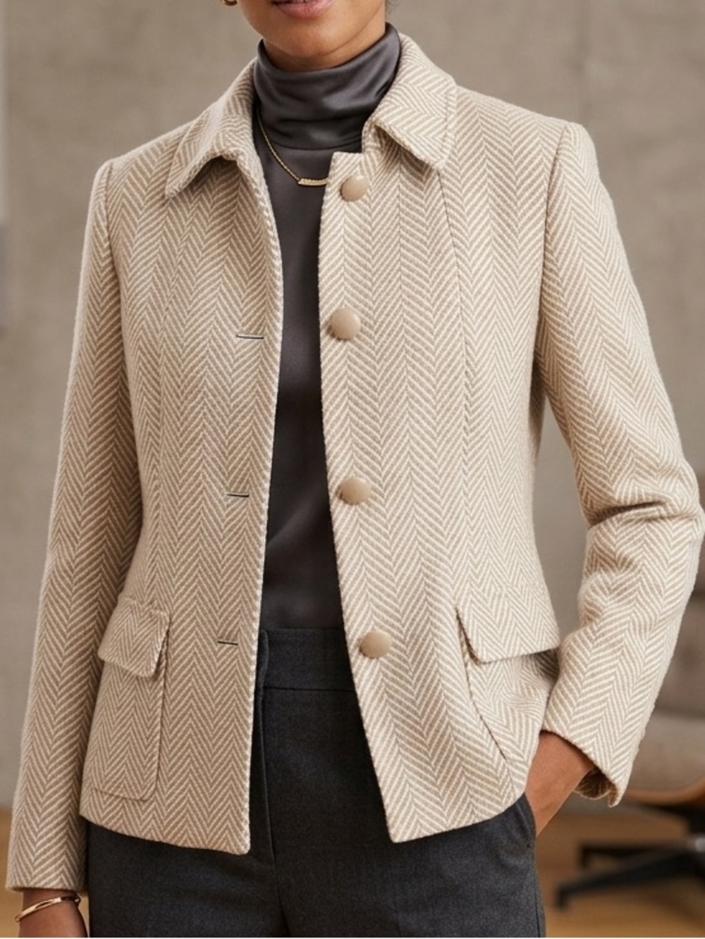 Talbots Cream Herringbone Tailored Jacket